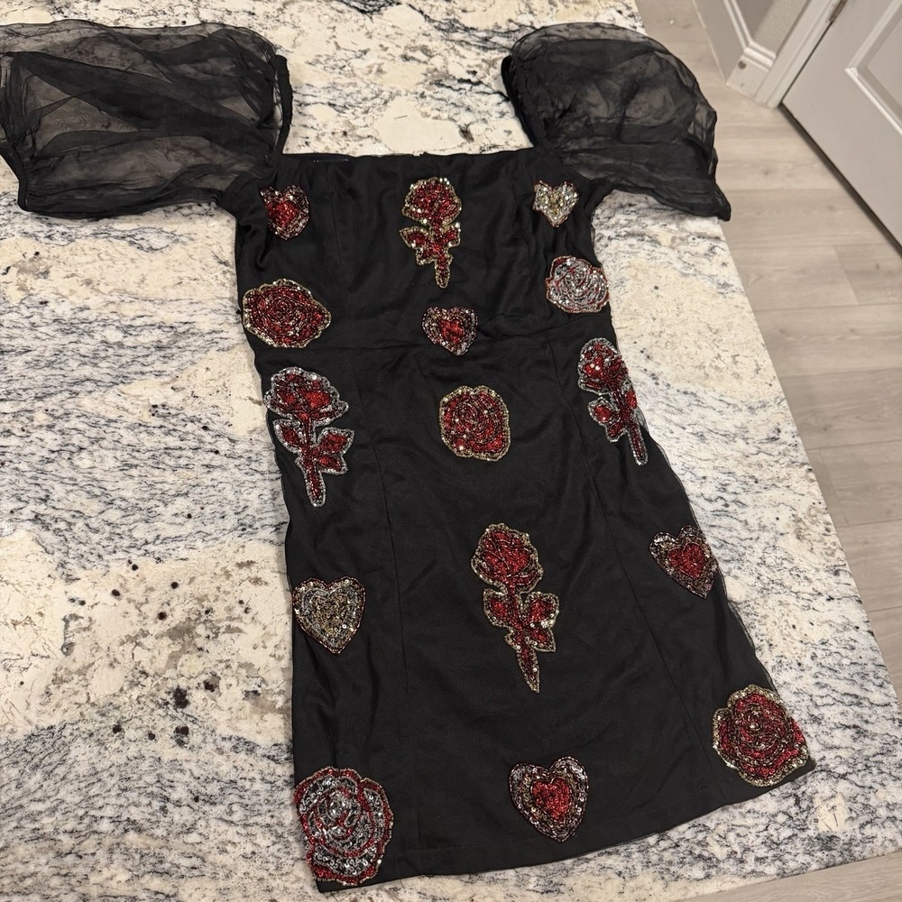 ASOS Black Rose Appliqué Puff Sleeve Bodycon Mini Dress NWT size 12 Fits Like S - Picture 8 of 16